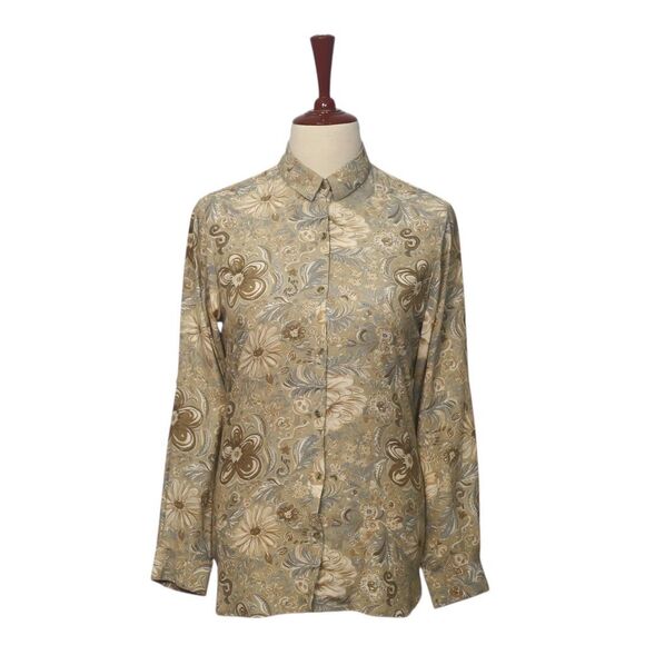 Womens Silky Chiffon Shirt Beige Floral Blouse Button Up Dressy Top Medium Work - Picture 1 of 7